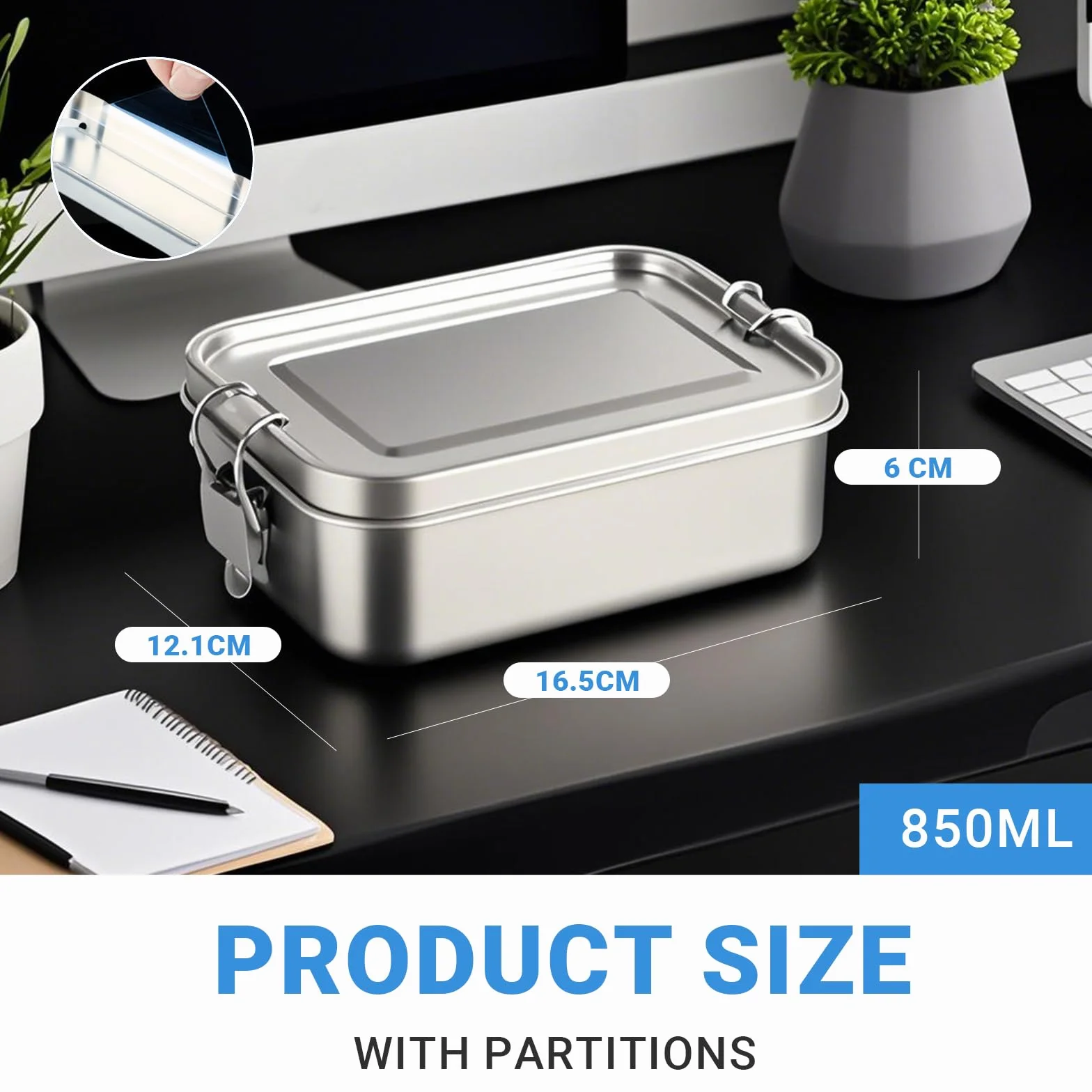 Pojemnik obiadowy ze stali nierdzewnej (850 ml) – szczelna lunchbox z przegródką dla dzieci/szkoły/pracy/pikniku