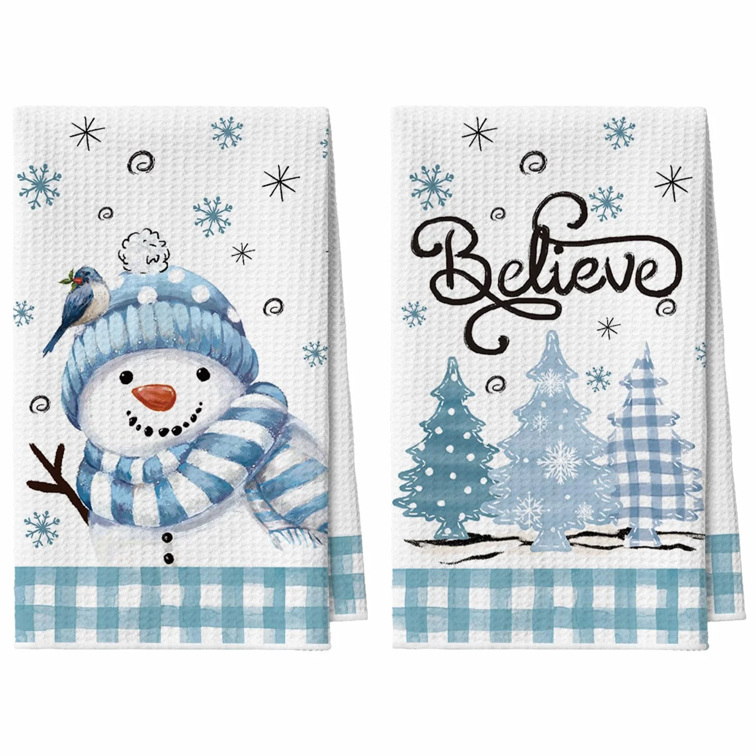 Artoid Mode Niebieska bawola karo szal bałwanek drzewa Believe Boże Narodzenie ręczniki kuchenne ścierki do naczyń, 42 x 65 cm mikrofibra chłonna dekoracja kuchenna zestaw 2 szt