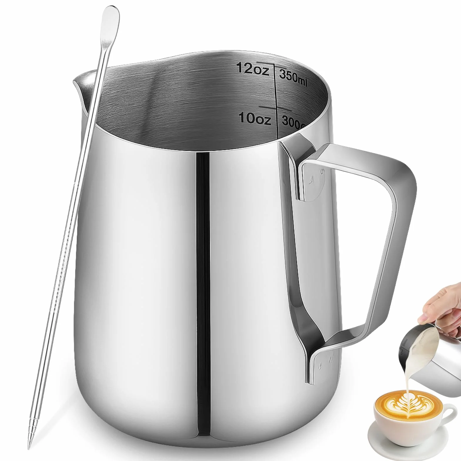 Dzbanek do spieniania mleka 350 ml z długopisem Latte Art, dzbanek na mleko ze stali nierdzewnej do ekspresu do kawy i baristy, zestaw dzbanków na mleko do latte art, cappuccino, do użytku