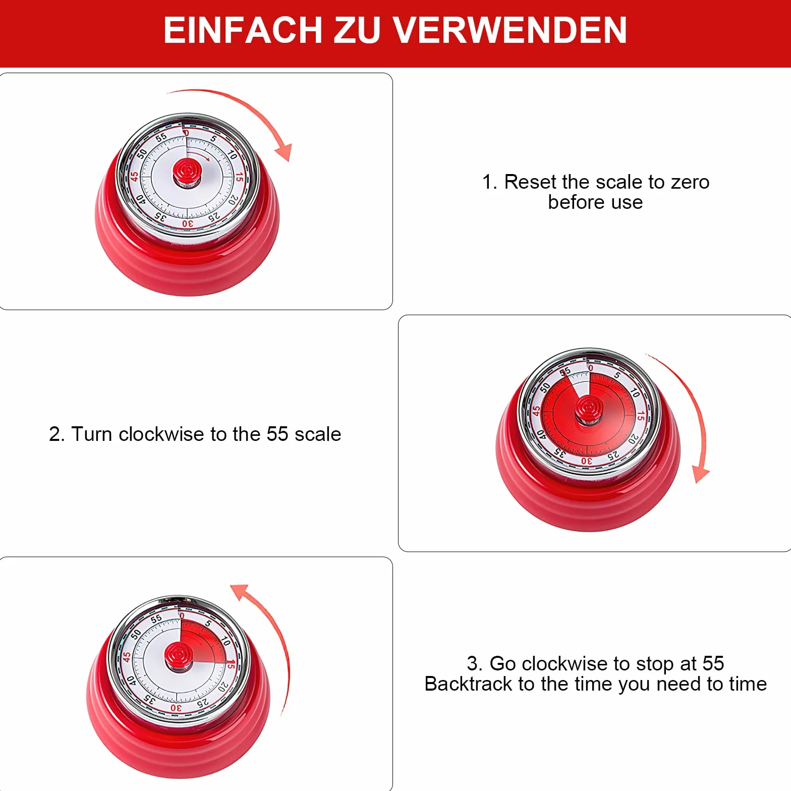 Zegar kuchenny, mechaniczny timer, minutnik do jajek, magnetyczny budzik, analogowy, dla dzieci (czerwony)