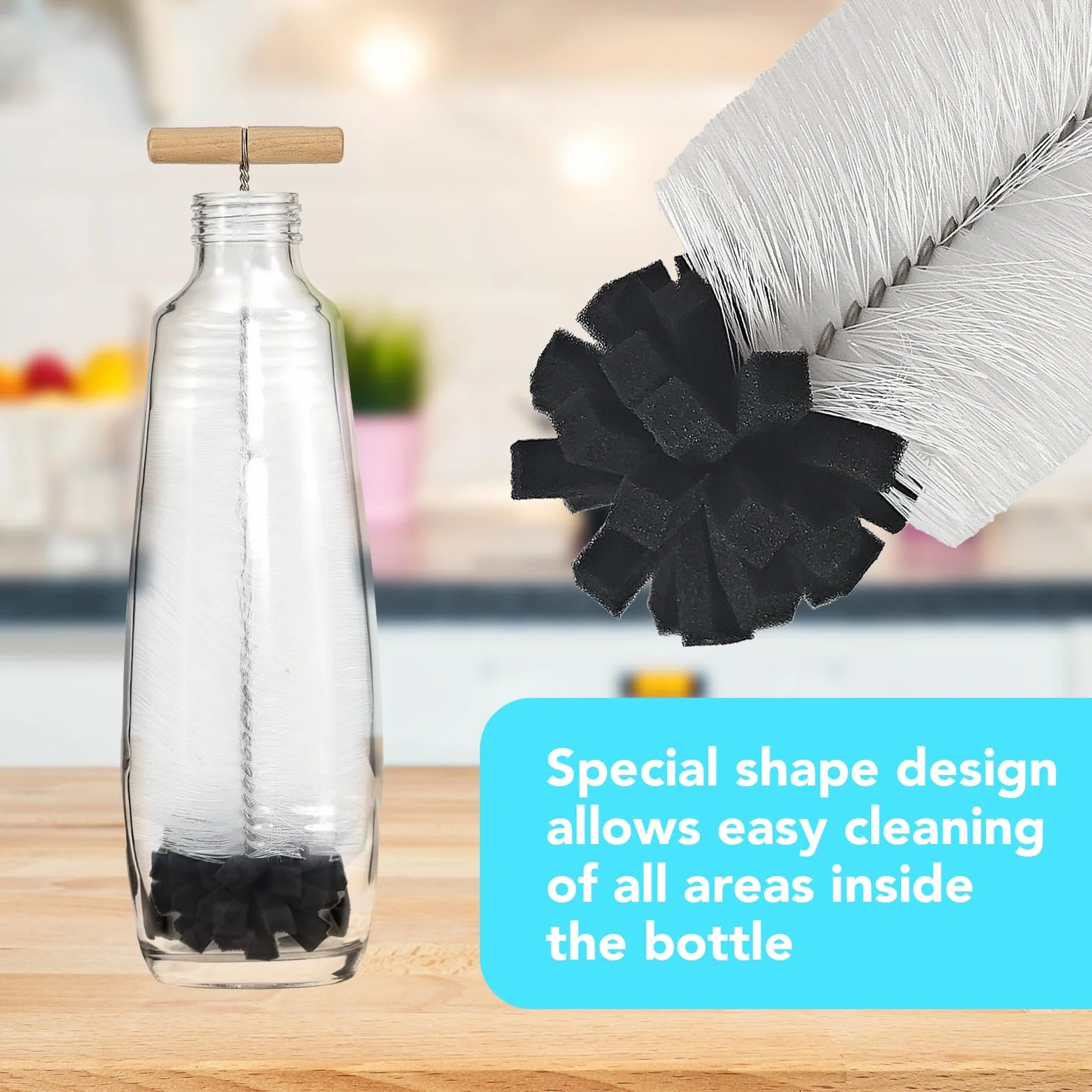 Szczotka do butelek Sodastream, 32 cm, 2 sztuki, z ergonomicznym uchwytem, białym włosiem i czarną gąbką, idealna do szklanych i podwójnych butelek z tworzywa sztucznego – mocne czyszczenie bez