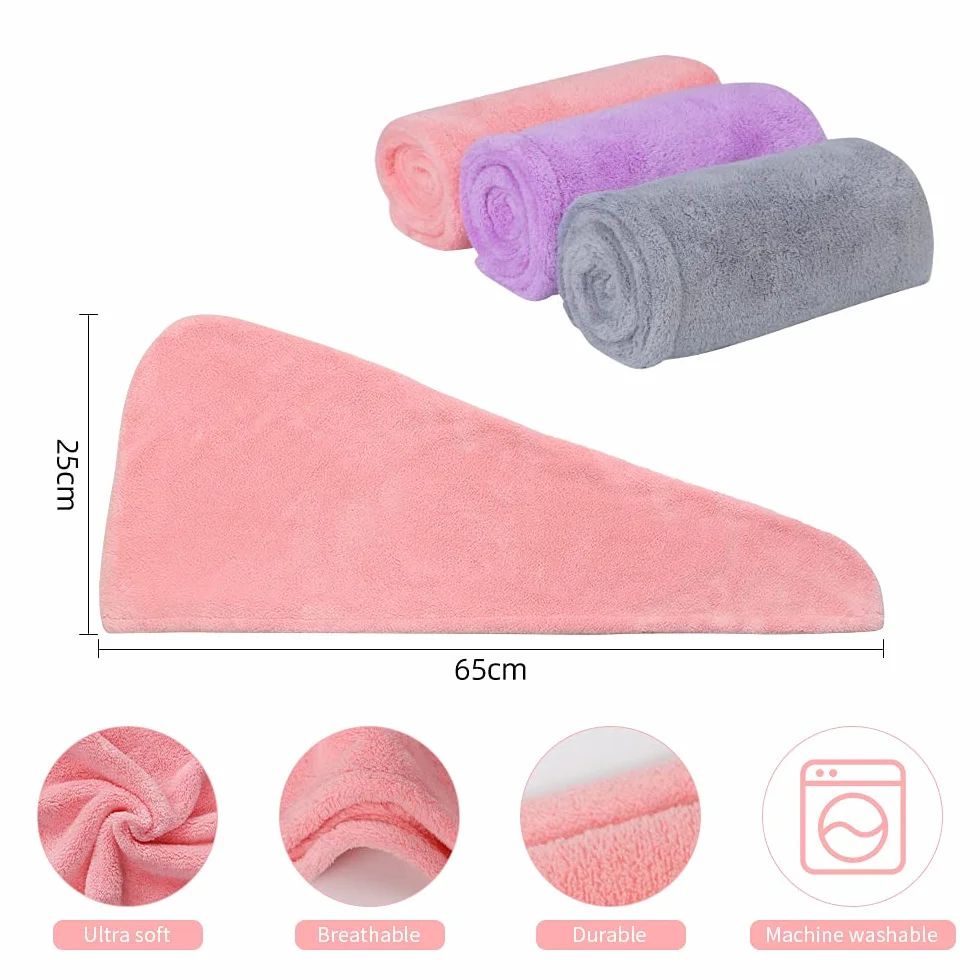 ACWOO Hair Turban, 3 sztuki damski guzikowy ręcznik Turban, chustka do suszenia włosów, szybkoschnący ręcznik z mikrofibry do wszystkich rodzajów włosów Różowy/szary/fioletowy