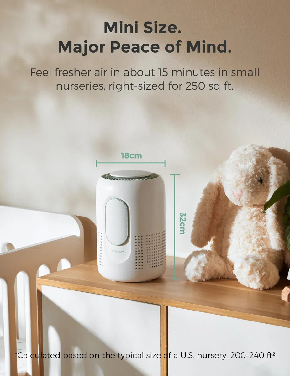 Momcozy Oczyszczacz Powietrza do Pokoju Dziecięcego, 4-stopniowy System Filtrów z H13 HEPA i Węglem, Monitor i Wyświetlacz Jakości Powietrza PM2.5 w Czasie Rzeczywistym