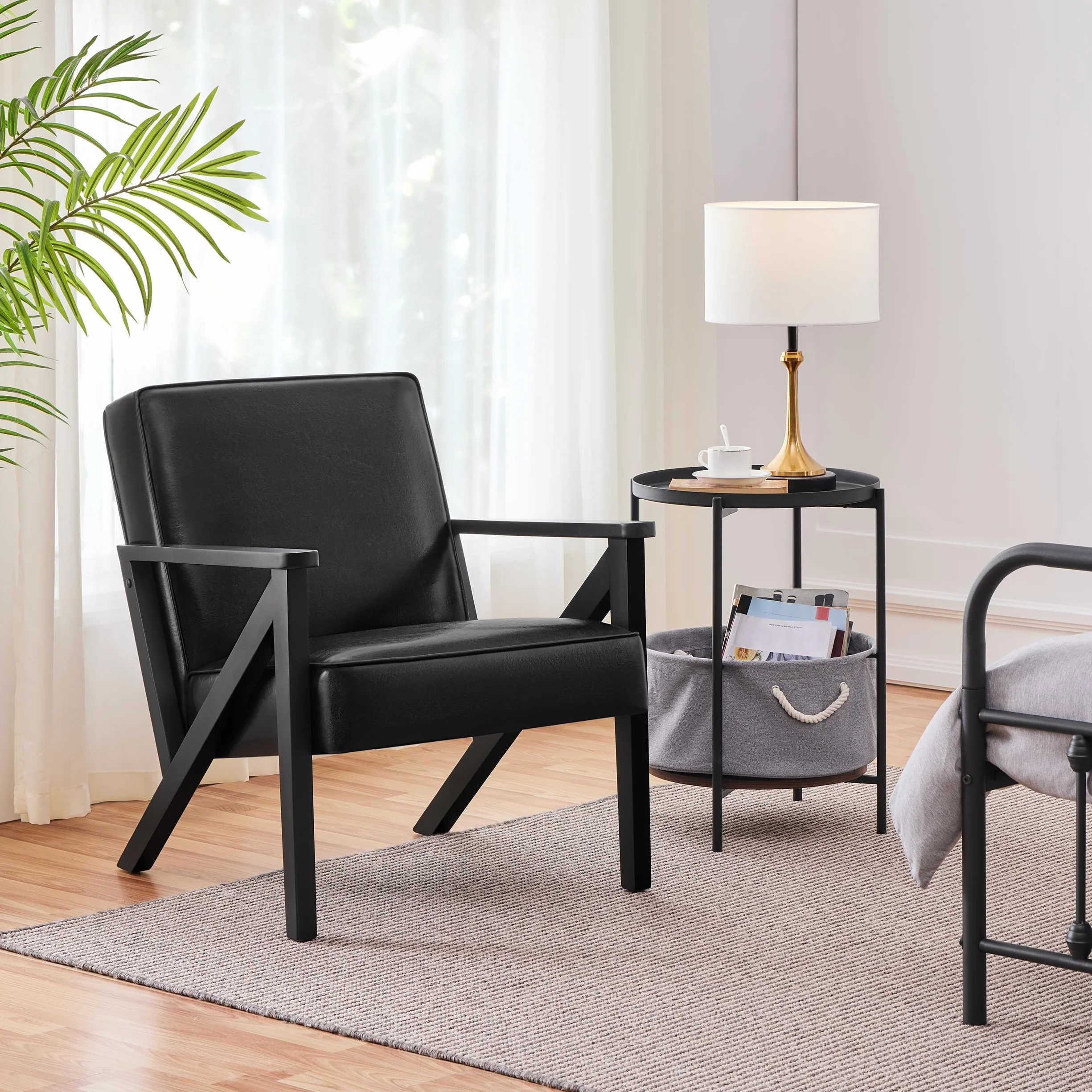 Yaheetech Fotel telewizyjny do wypoczynku, ze sztucznej skóry, fotel wypoczynkowy, tapicerowany, pojedyncza sofa z nogami z litego drewna, na balkon/do salonu/sypialni, recepcji, kolor czarny
