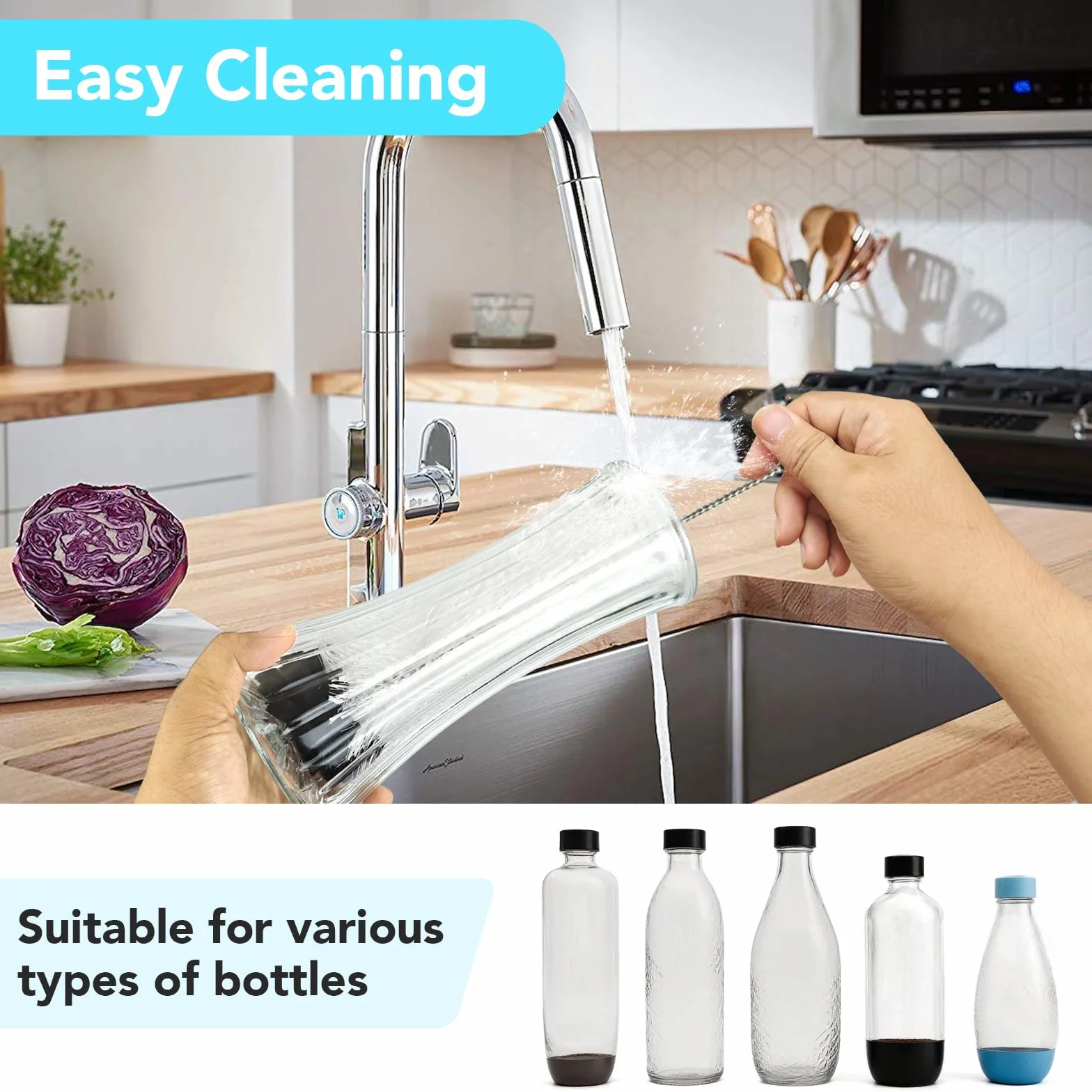 Szczotka do butelek Sodastream, 32 cm, 2 sztuki, z ergonomicznym uchwytem, białym włosiem i czarną gąbką, idealna do szklanych i podwójnych butelek z tworzywa sztucznego – mocne czyszczenie bez
