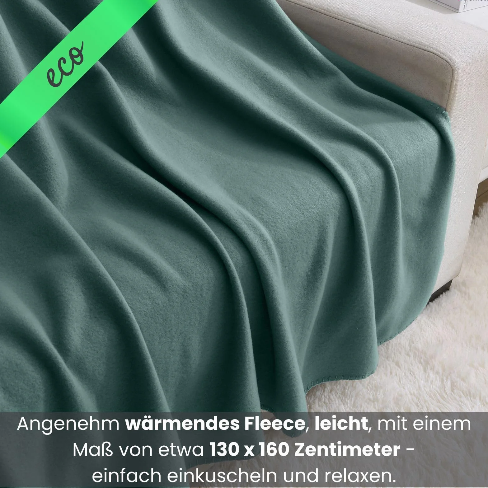 wometo 2-częściowy zestaw ekologicznych koców polarowych ze 100% materiału pochodzącego z recyklingu + sprawdzone pod kątem ÖkoTex 130 x 160 cm ok. 400 g – ciemnozielone z zabezpieczeniem przed