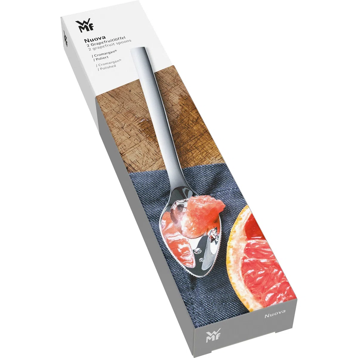 WMF Nuova 2-częściowy zestaw sztućców do grejpfruta, łyżki do grejpfruta, 16 cm, łyżeczki z ząbkami, łyżki do grejpfruta, stal szlachetna Cromargan, polerowana, nadają się do mycia w zmywarce, kolor