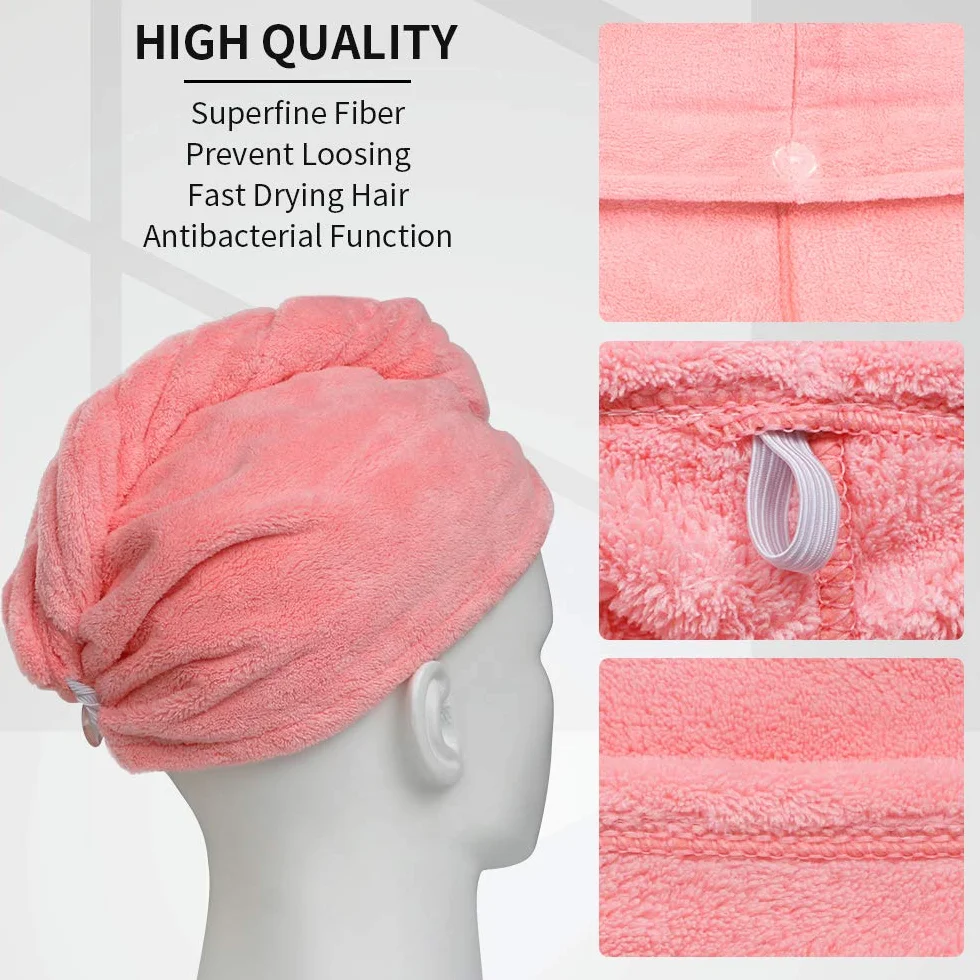 ACWOO Hair Turban, 3 sztuki damski guzikowy ręcznik Turban, chustka do suszenia włosów, szybkoschnący ręcznik z mikrofibry do wszystkich rodzajów włosów Różowy/szary/fioletowy