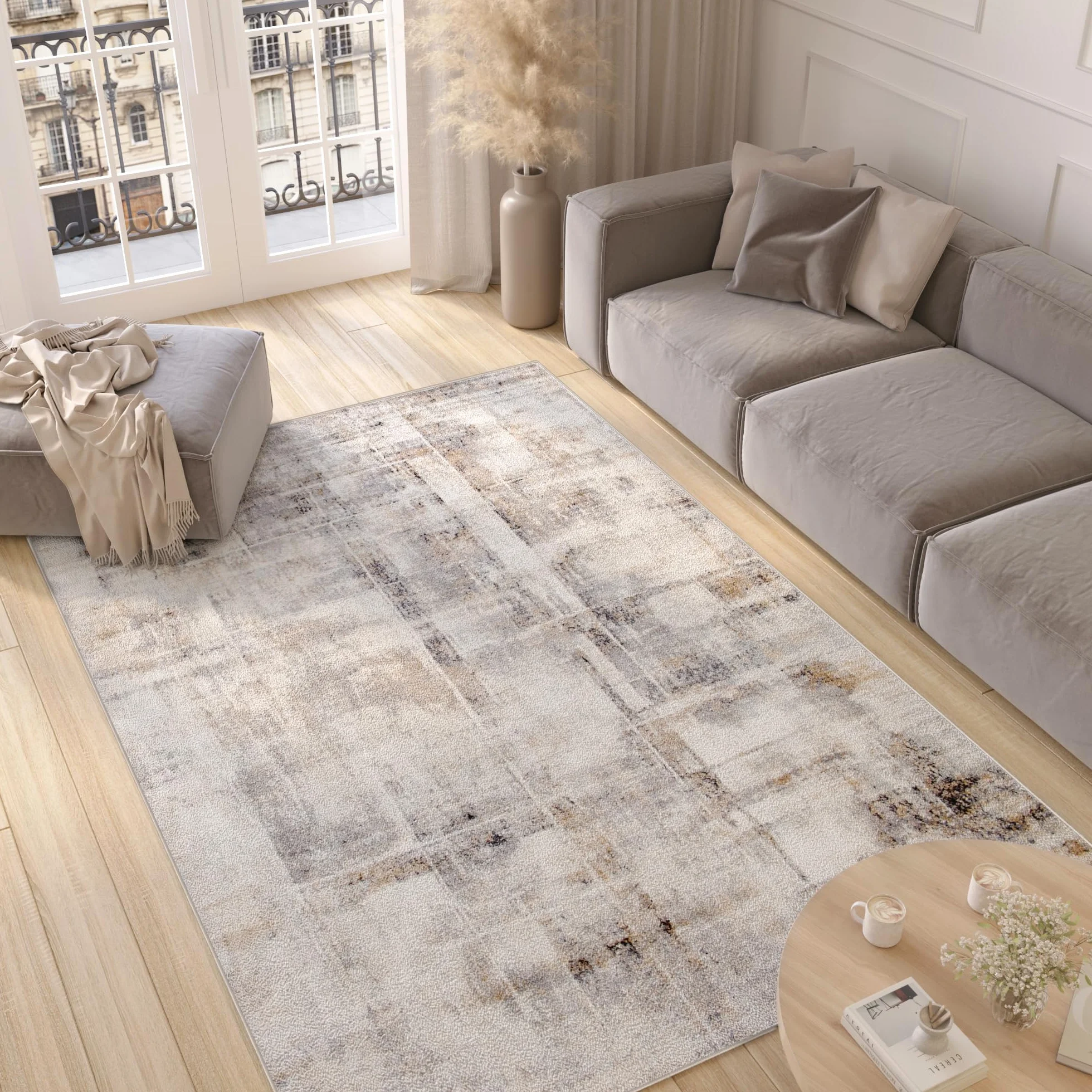 Tapiso Valley dywan z krótkim włosiem, nowoczesny, abstrakcyjny, szary, beżowy, kremowy, wielokolorowe linie, nakrapiane, do salonu, sypialni, 300 x 400 cm